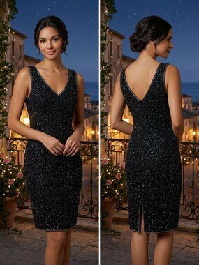 JMD New York Hand-Beaded V-Neck Cocktail Dress Size Large Vintage NWT